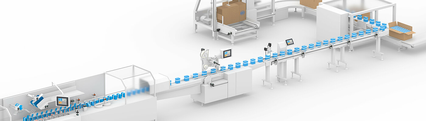 Verpackungslinie ausgestattet mit SIKO Positioniersystemen